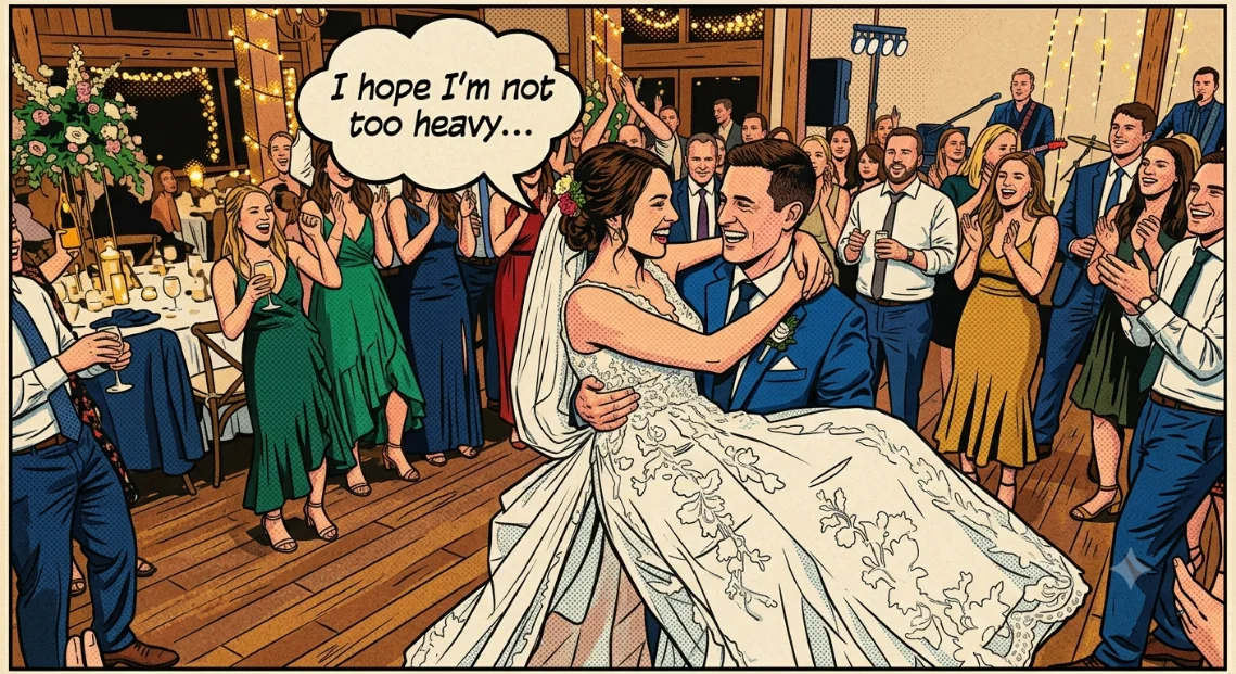 The same moment illustrated as a comic panel with a caption