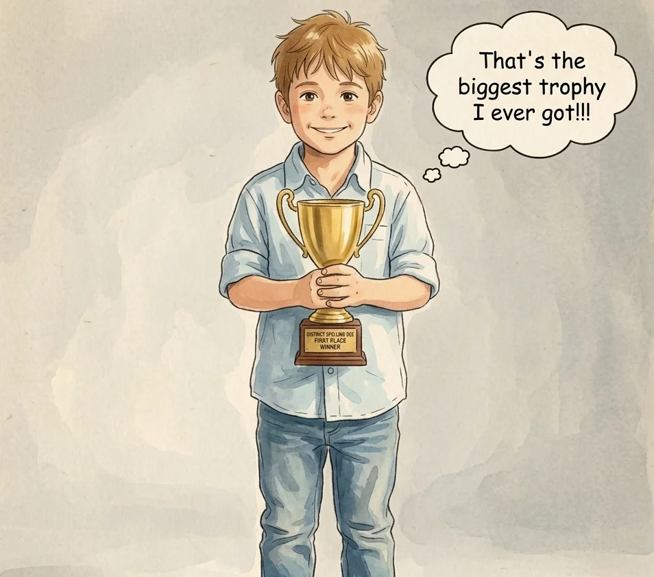 The same moment illustrated as a comic panel with a caption