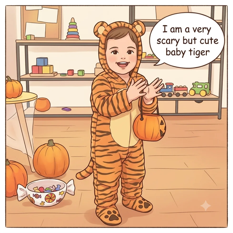 The same moment illustrated as a comic panel with a caption