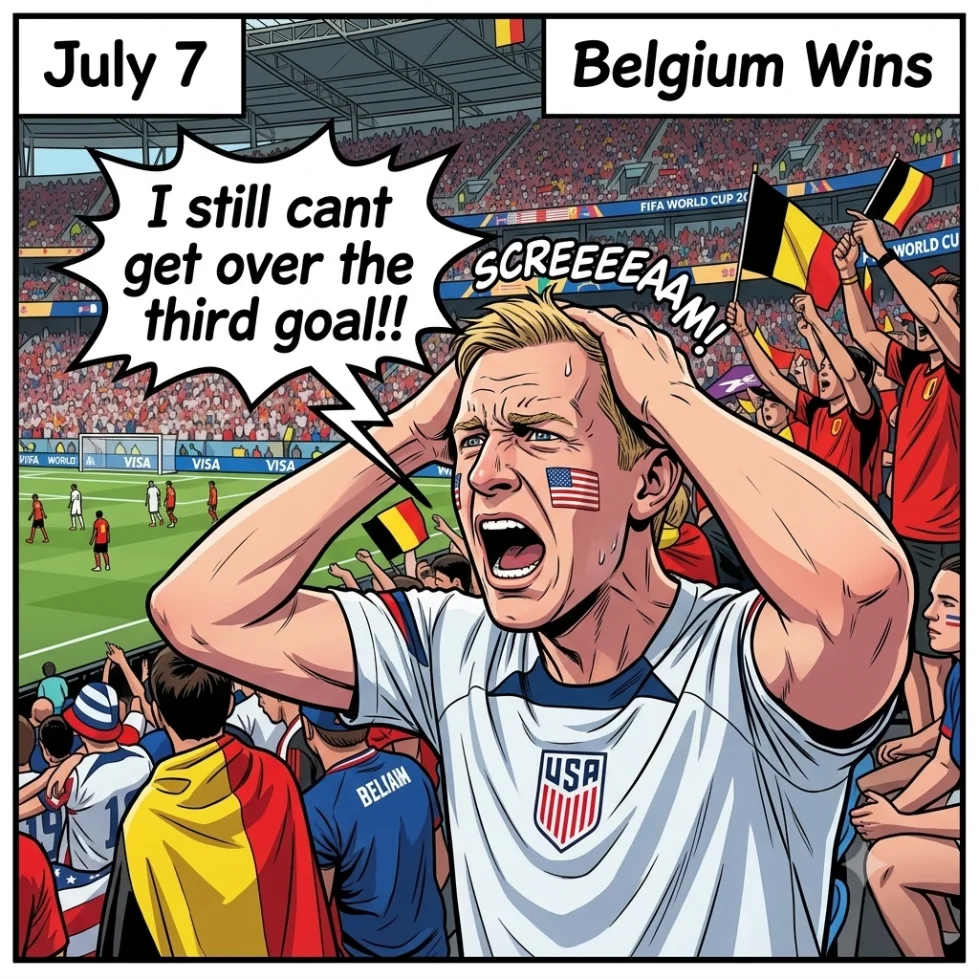The same moment illustrated as a comic panel with a caption