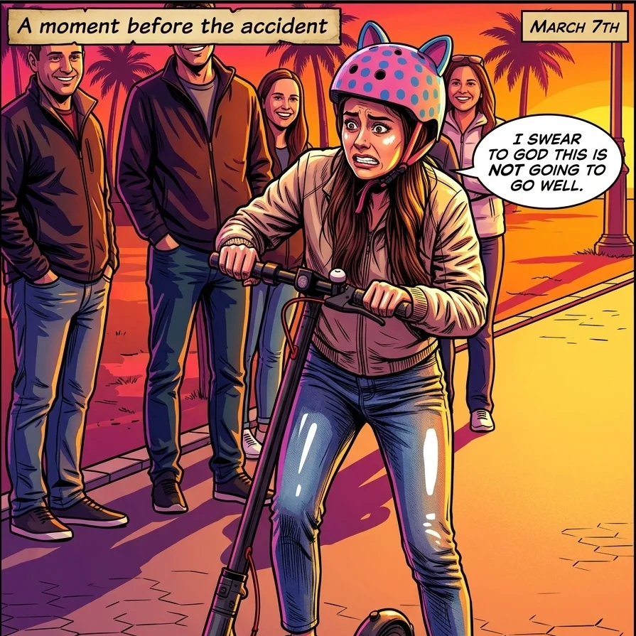 The same moment illustrated as a comic panel with a caption
