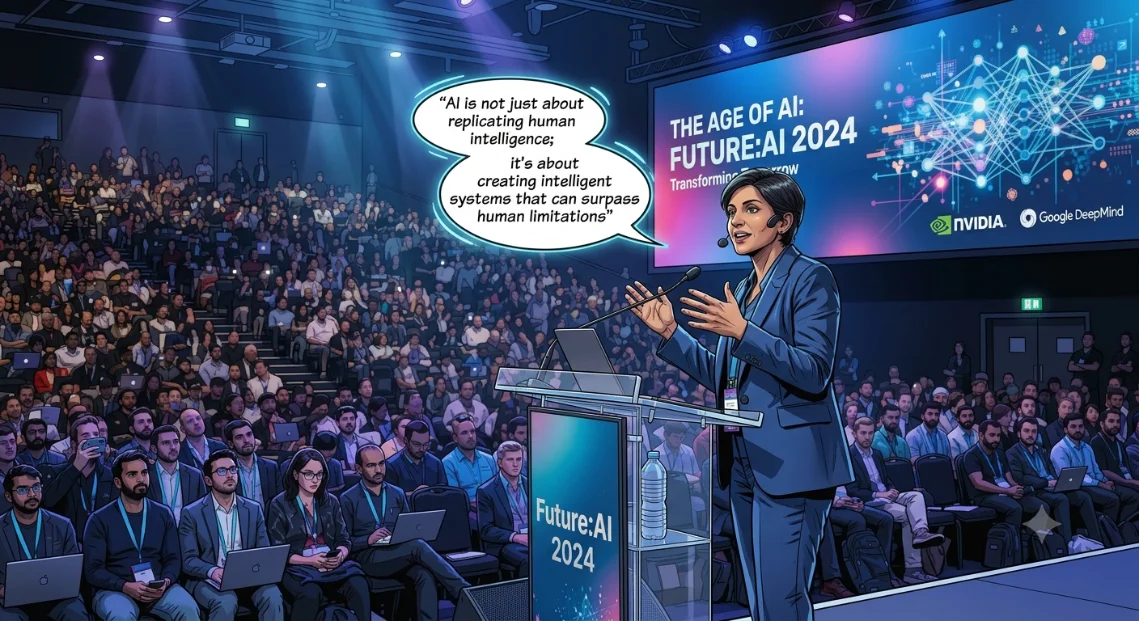 The same moment illustrated as a comic panel with a caption