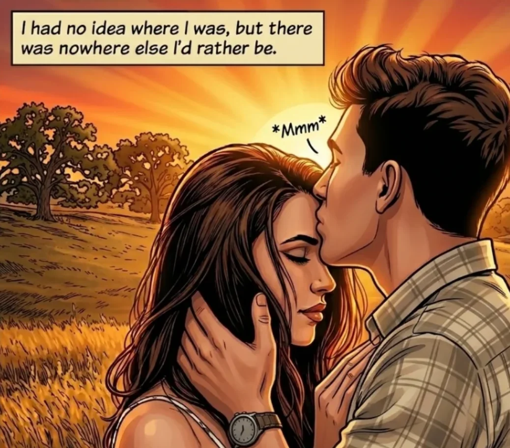 The same moment illustrated as a comic panel with a caption