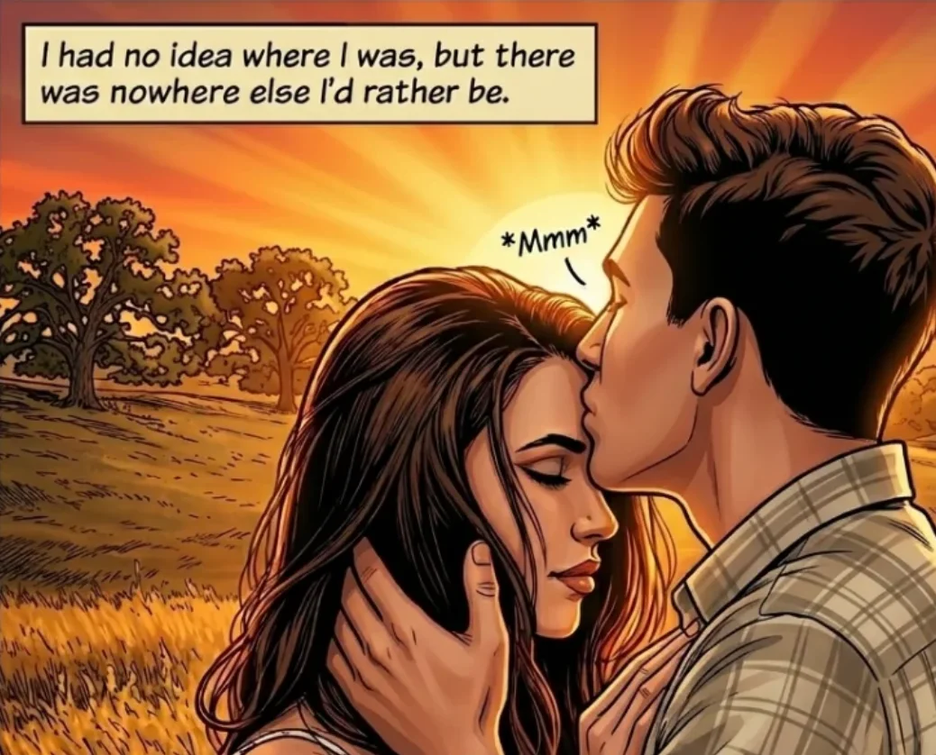The same moment illustrated as a comic panel with a caption