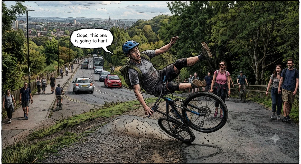 The same moment illustrated as a comic panel with a caption