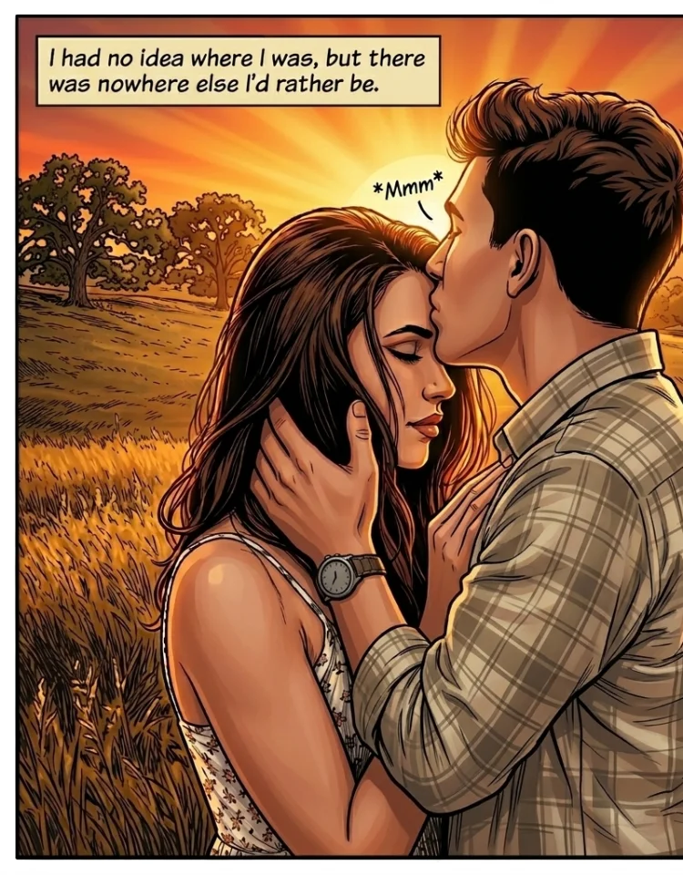 The same moment illustrated as a comic panel with a caption